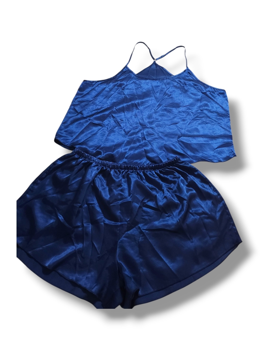 Navy Blue Satin Pajama Set Women's 2XL Cami Top Shorts Sleepwear Silky Two Piece